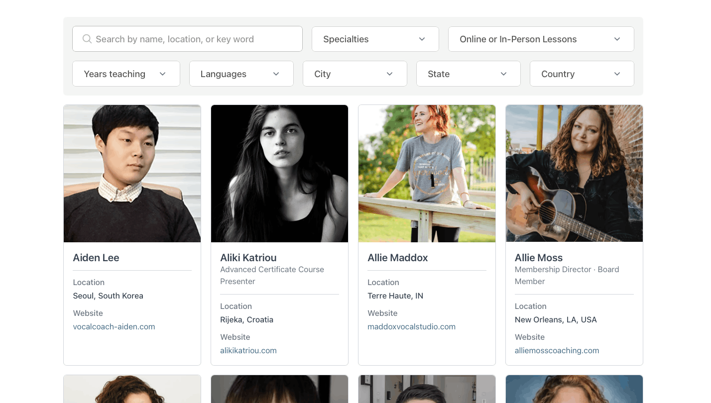 Voice coach directory with specialty, language, and location filters