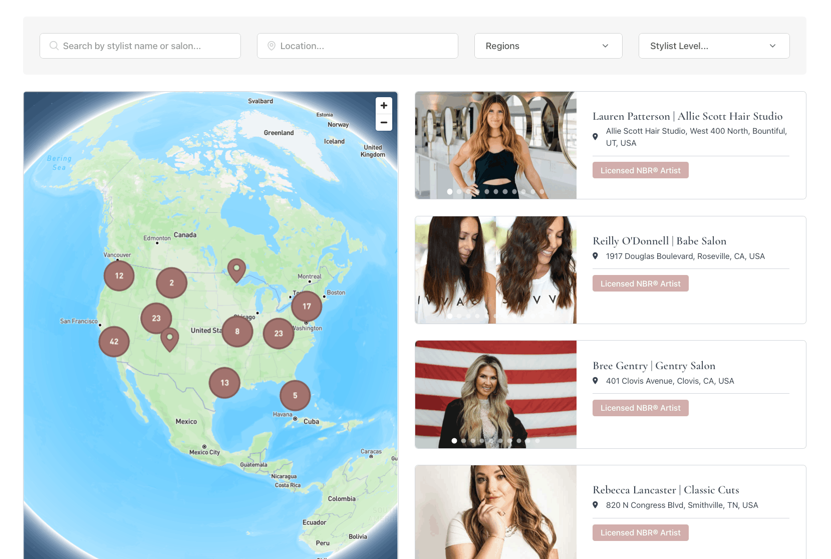 Hair stylist directory with an interactive map, region filters, and certification badges